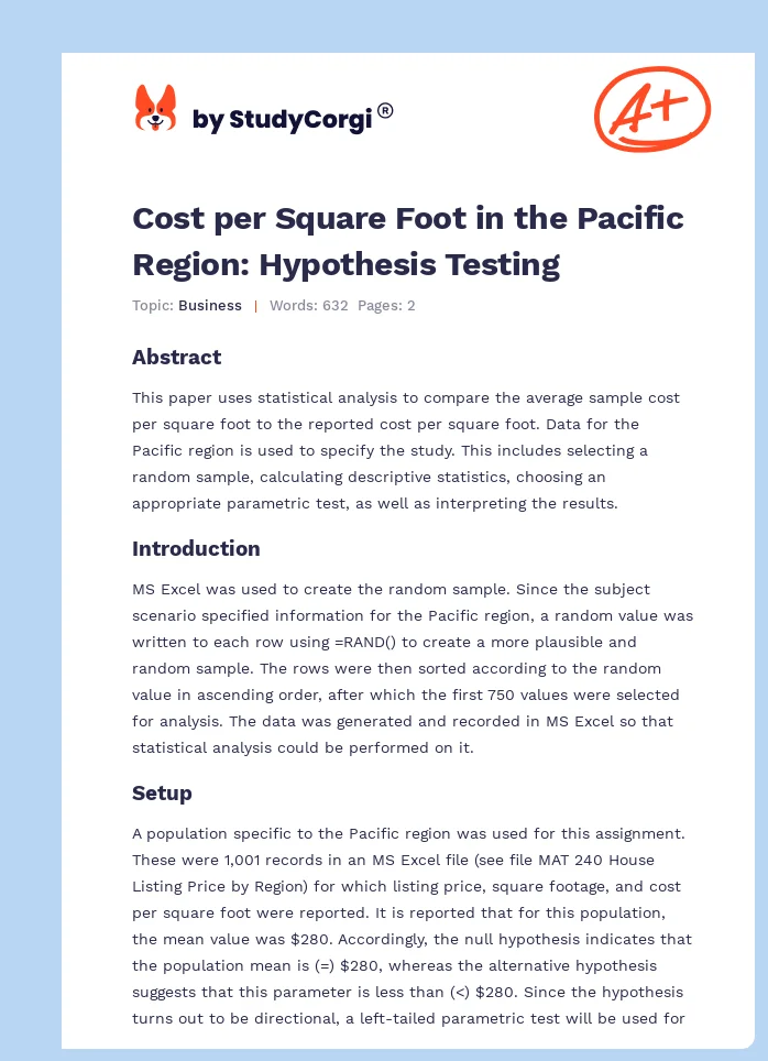 Hypothesis Testing for Regional Real Estate Company. Page 1