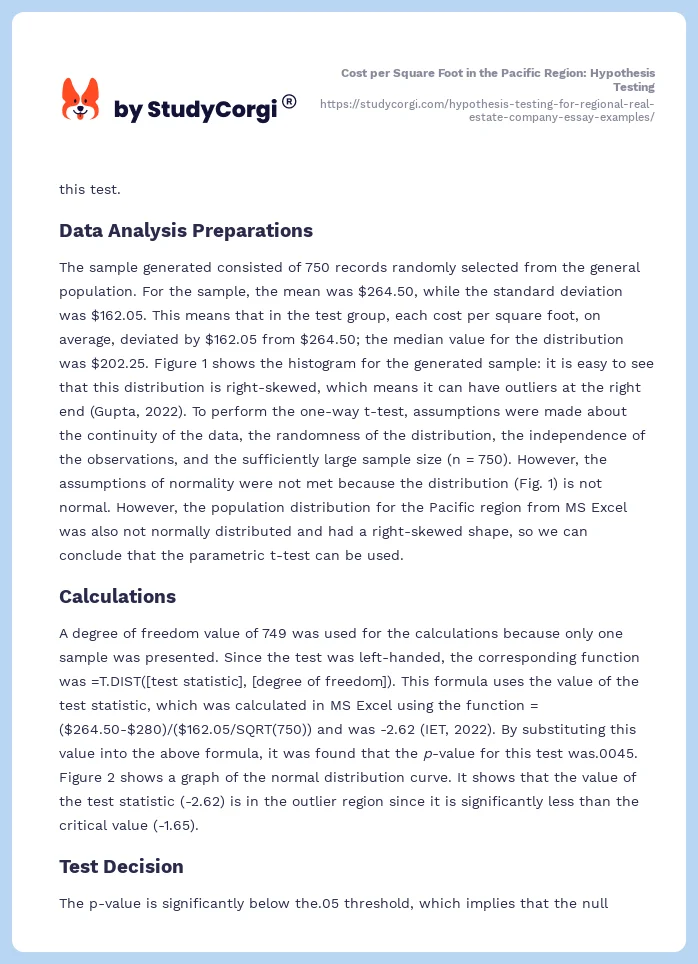 Hypothesis Testing for Regional Real Estate Company. Page 2