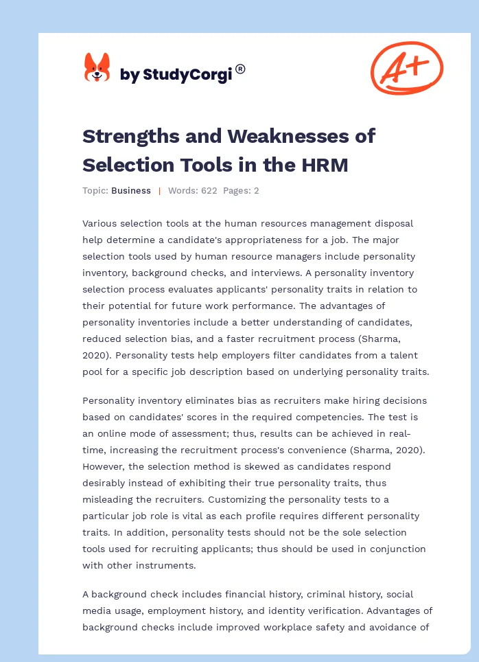Strengths and Weaknesses of Selection Tools in the HRM. Page 1