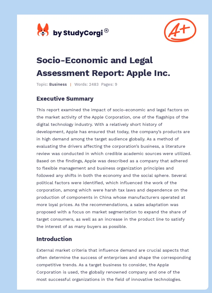 Socio-Economic and Legal Assessment Report: Apple Inc.. Page 1