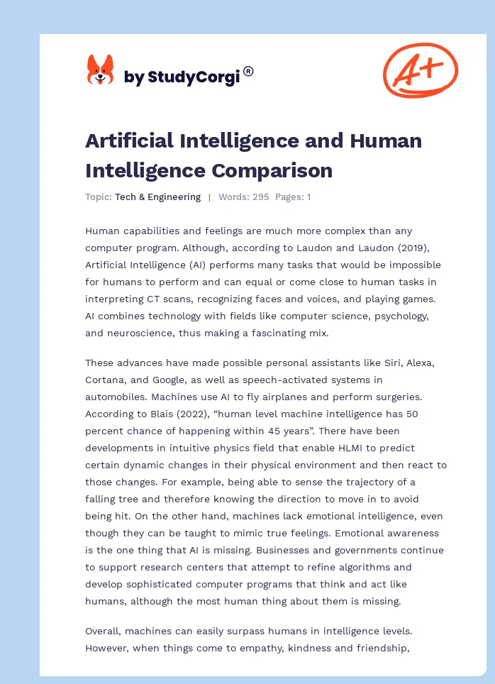 Artificial Intelligence and Human Intelligence Comparison. Page 1