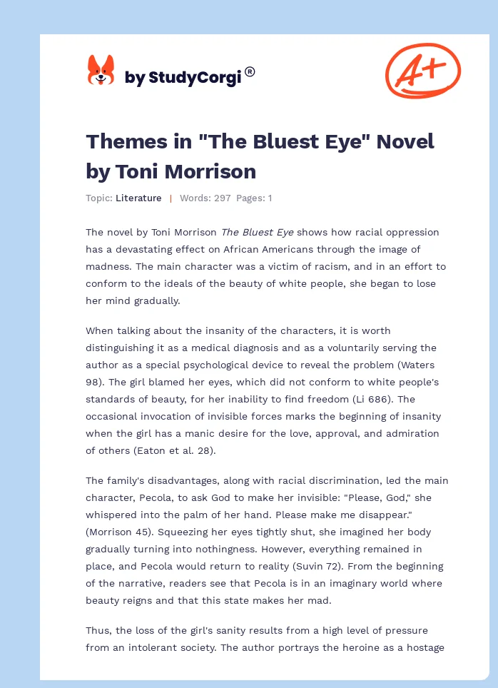 Themes in "The Bluest Eye" Novel by Toni Morrison. Page 1