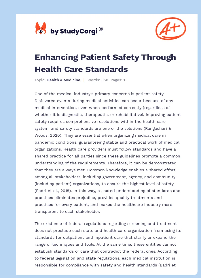 Enhancing Patient Safety Through Health Care Standards. Page 1