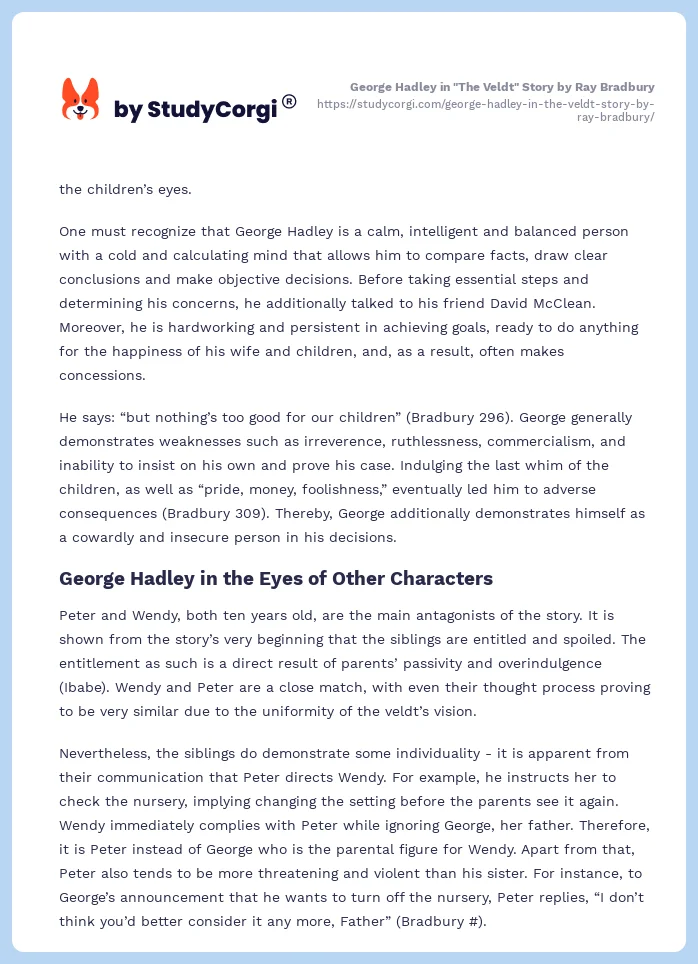 George Hadley in "The Veldt" Story by Ray Bradbury. Page 2