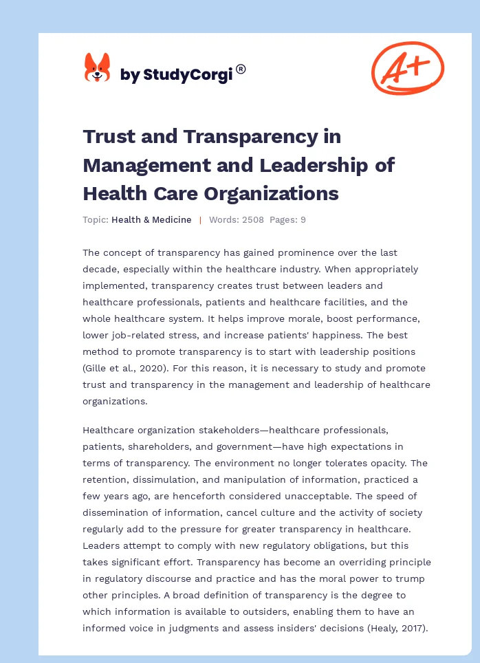 Trust and Transparency in Management and Leadership of Health Care Organizations. Page 1
