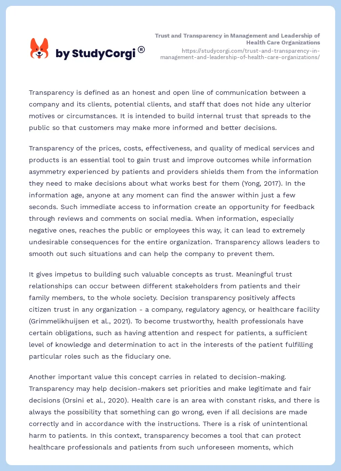 Trust and Transparency in Management and Leadership of Health Care Organizations. Page 2