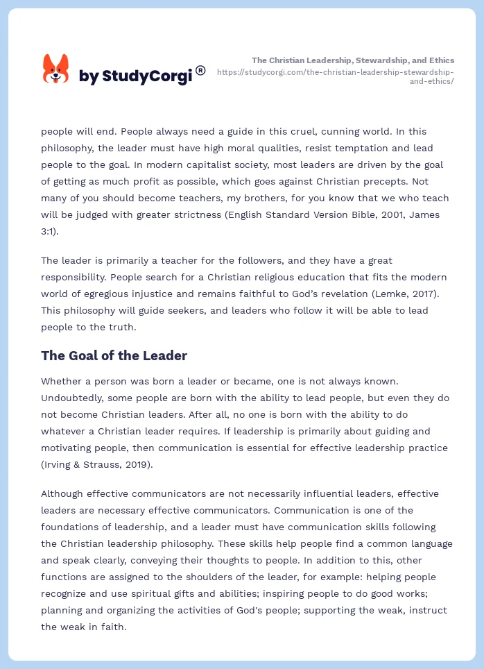 The Christian Leadership, Stewardship, and Ethics. Page 2