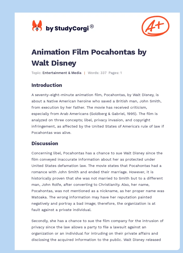 Animation Film Pocahontas by Walt Disney. Page 1