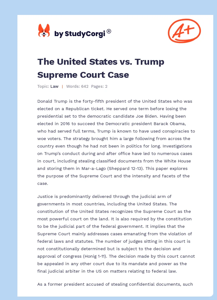 The United States vs. Trump Supreme Court Case. Page 1