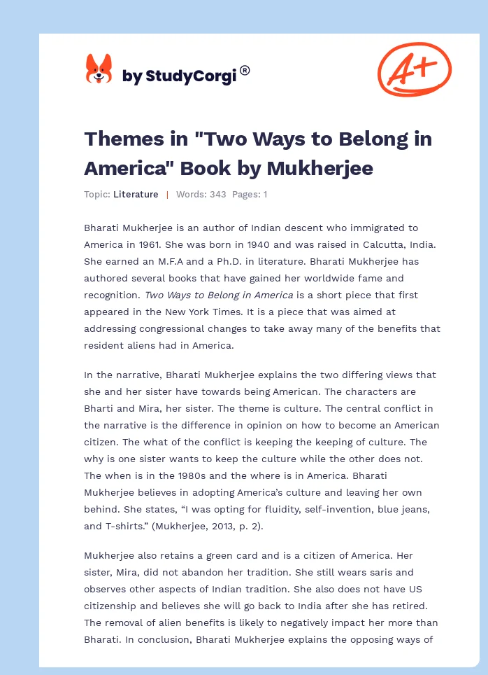 Themes in "Two Ways to Belong in America" Book by Mukherjee. Page 1