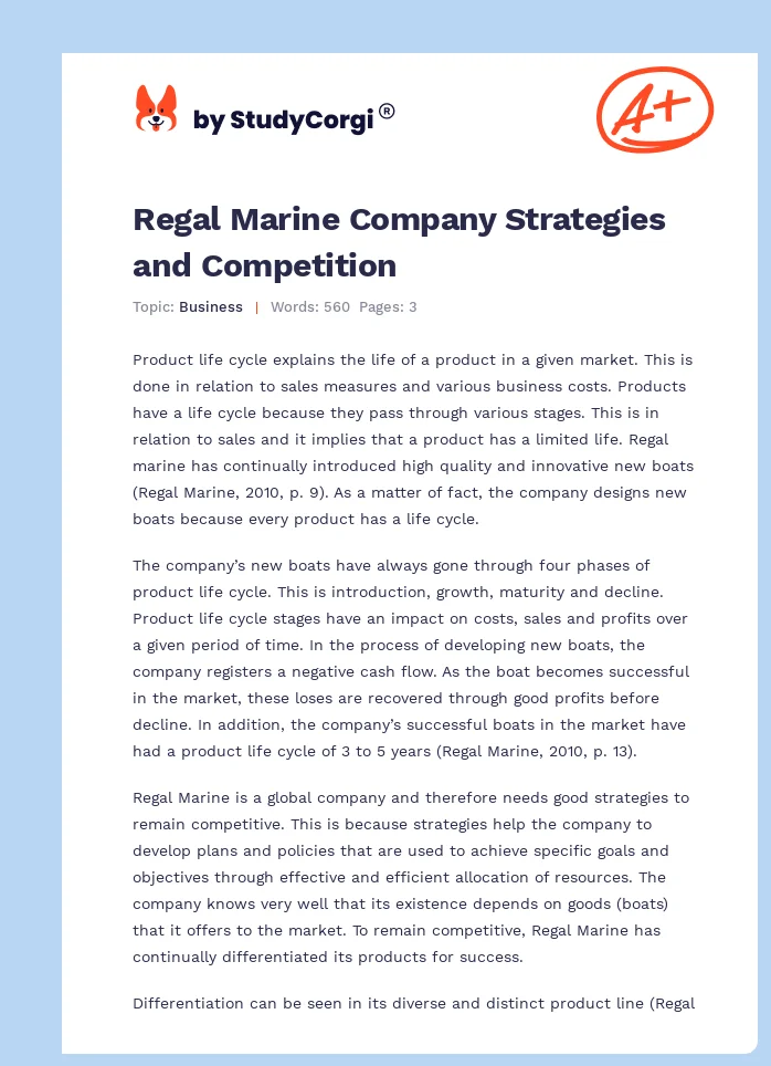 Regal Marine Company Strategies and Competition. Page 1