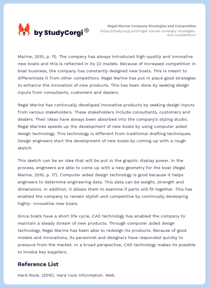 Regal Marine Company Strategies and Competition. Page 2