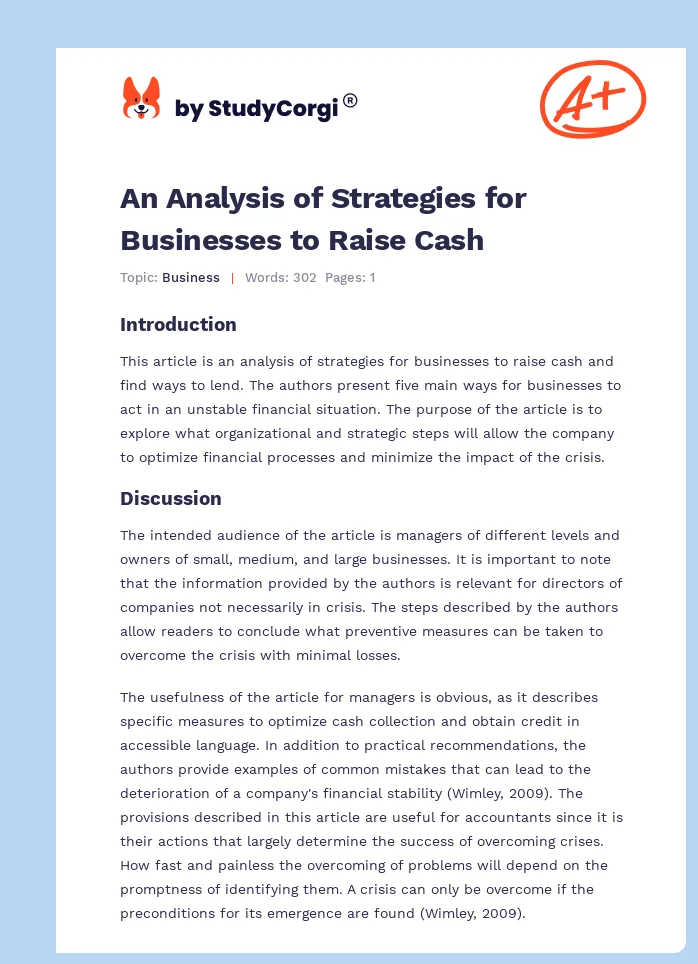 An Analysis of Strategies for Businesses to Raise Cash. Page 1