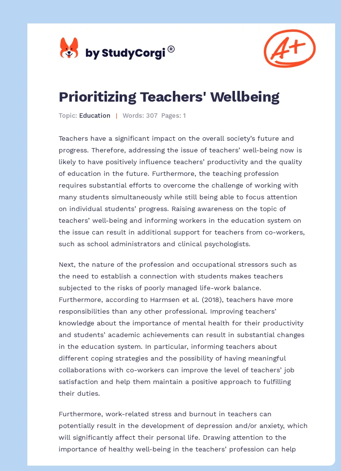 Prioritizing Teachers' Wellbeing. Page 1