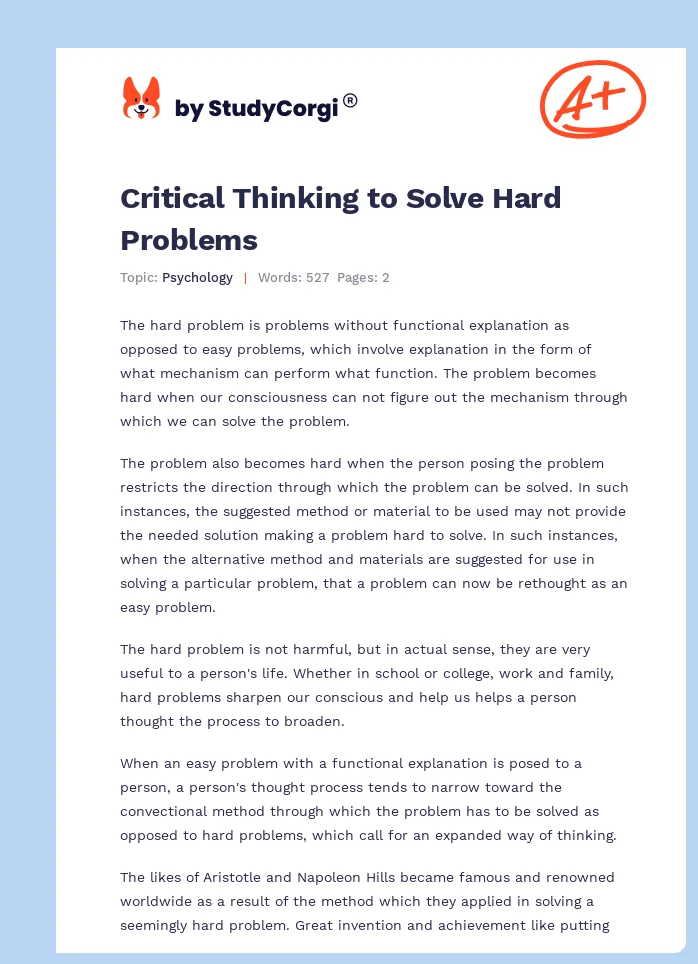 Critical Thinking to Solve Hard Problems. Page 1