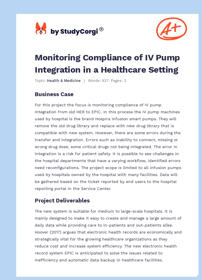Monitoring Compliance of IV Pump Integration in a Healthcare Setting. Page 1