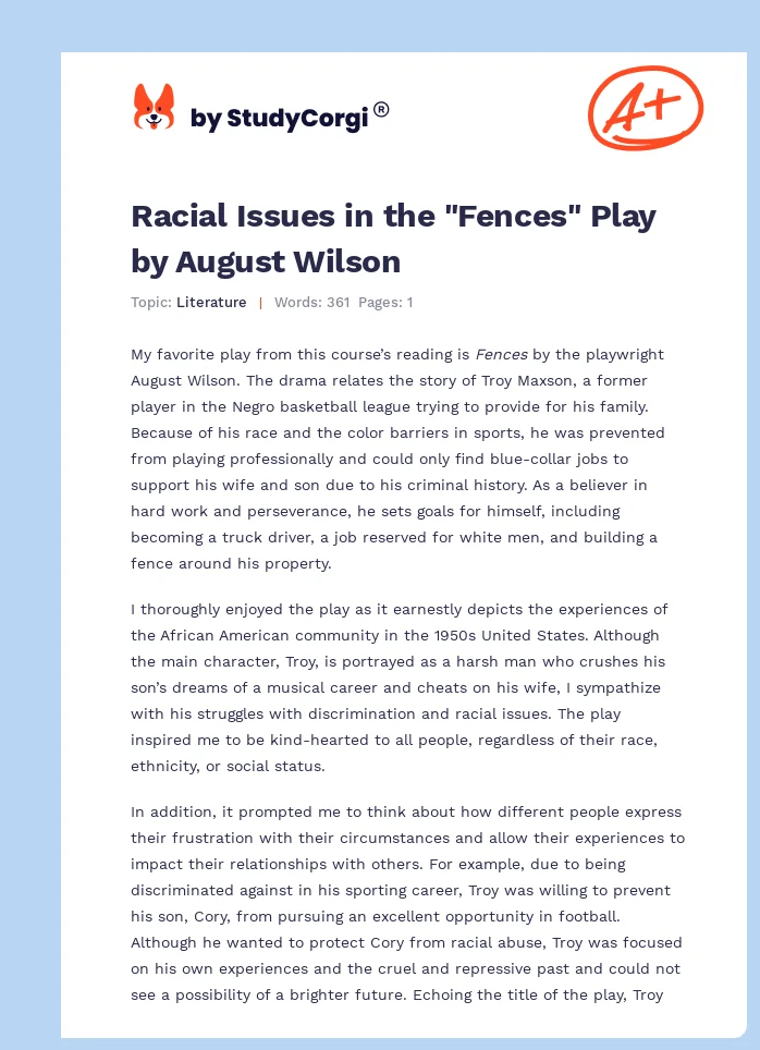 Racial Issues in the "Fences" Play by August Wilson. Page 1