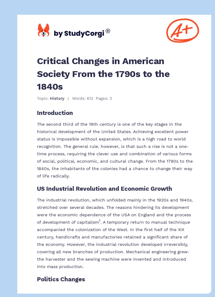 Critical Changes in American Society From the 1790s to the 1840s. Page 1