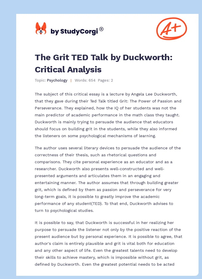 The Grit TED Talk by Duckworth: Critical Analysis. Page 1