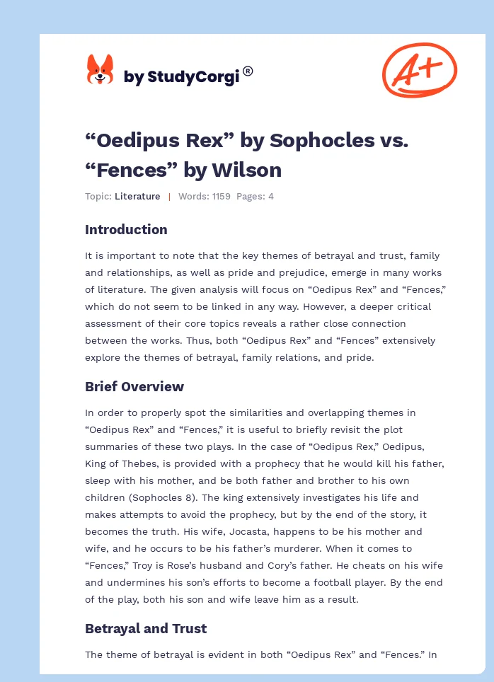 “Oedipus Rex” by Sophocles vs. “Fences” by Wilson. Page 1