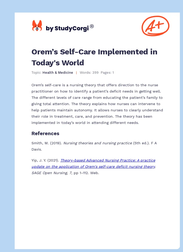 Orem’s Self-Care Implemented in Today's World. Page 1
