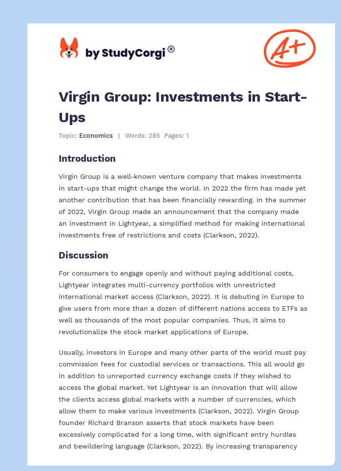Virgin Group: Investments in Start-Ups. Page 1