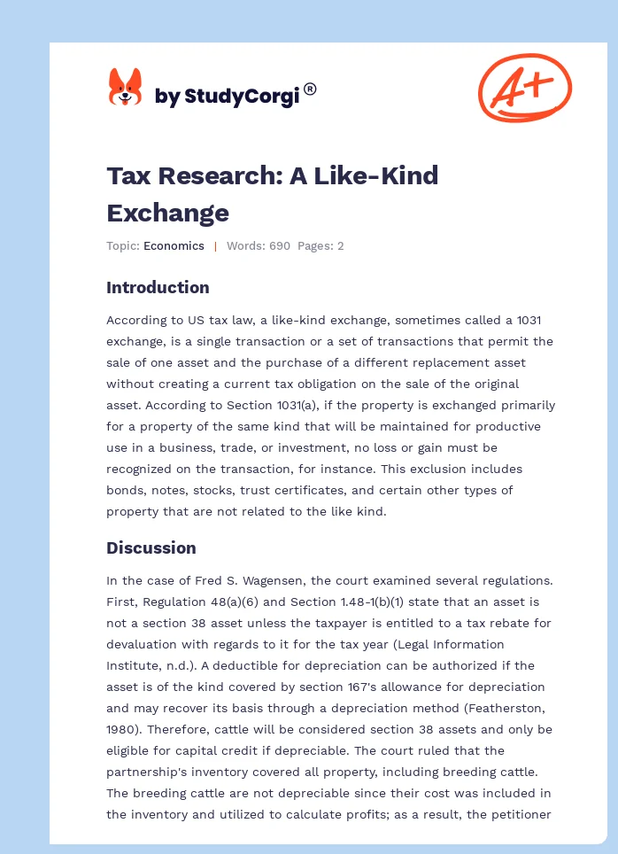 Tax Research: A Like-Kind Exchange. Page 1