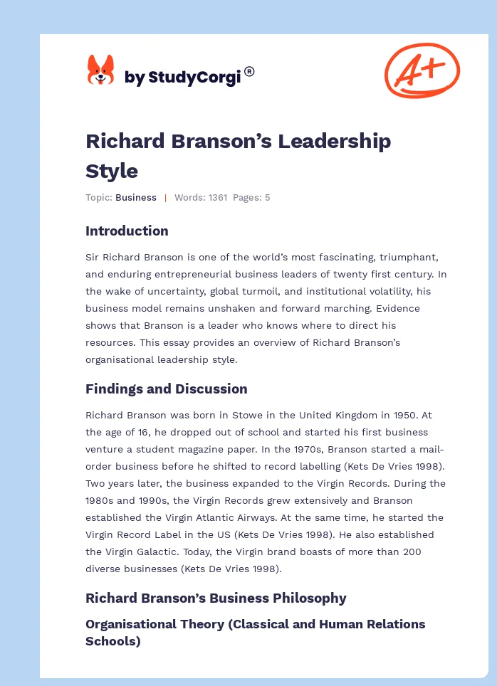 Richard Branson’s Leadership Style. Page 1