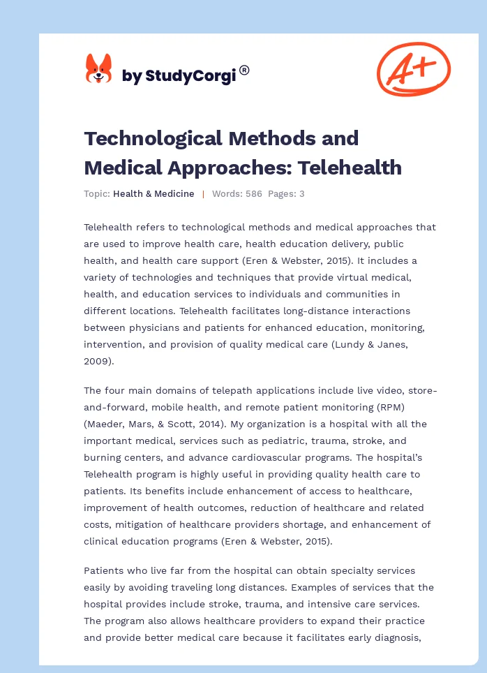 Technological Methods and Medical Approaches: Telehealth. Page 1