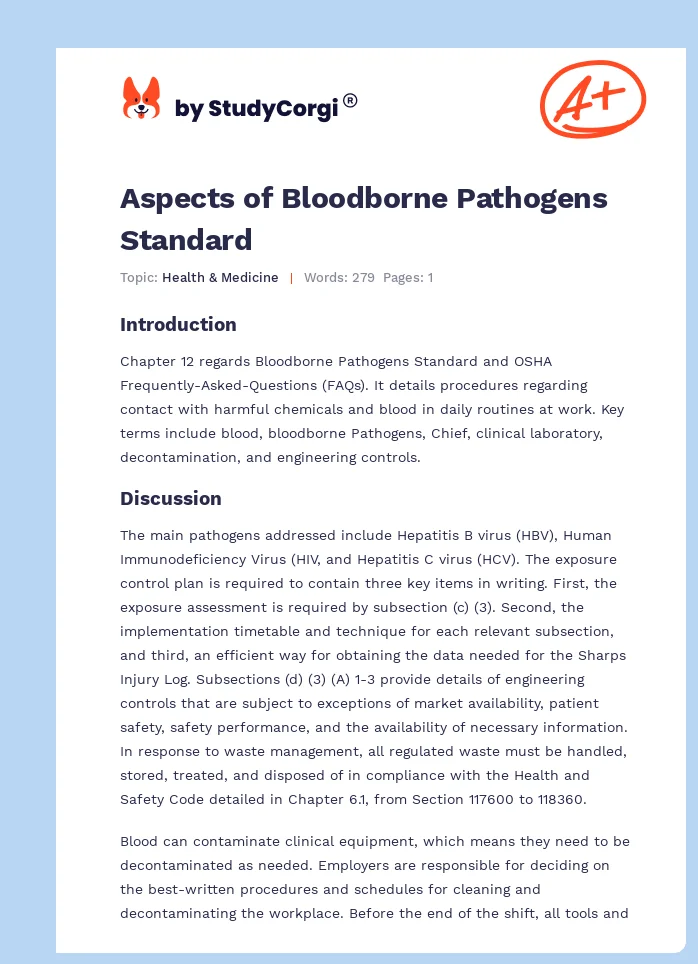 Aspects of Bloodborne Pathogens Standard. Page 1