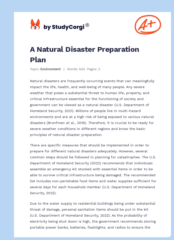 A Natural Disaster Preparation Plan. Page 1