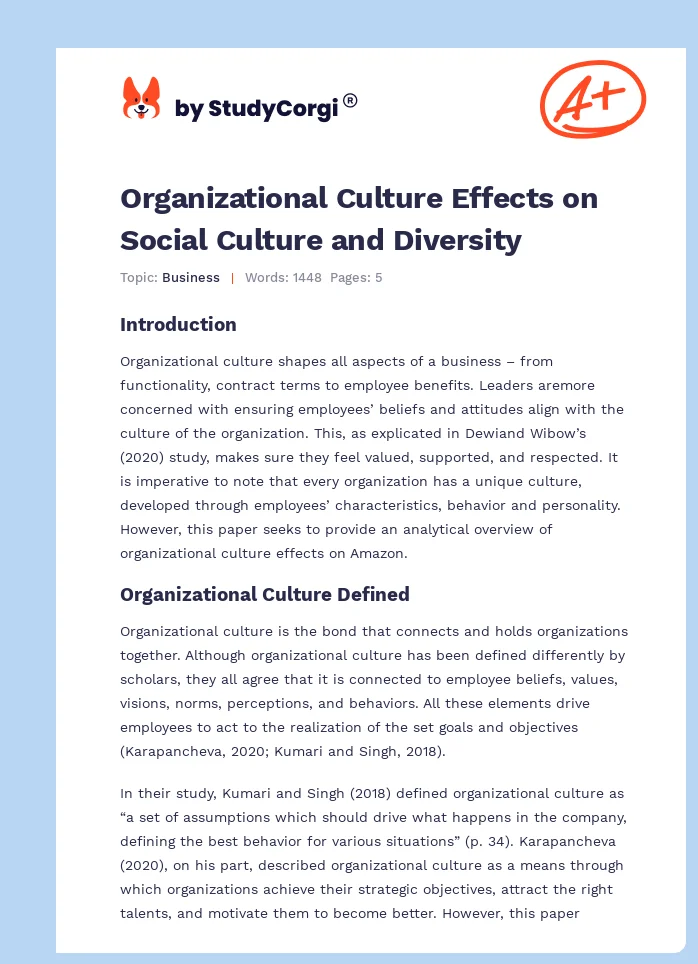 Organizational Culture Effects on Social Culture and Diversity. Page 1