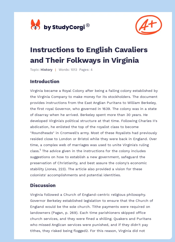 Instructions to English Cavaliers and Their Folkways in Virginia. Page 1