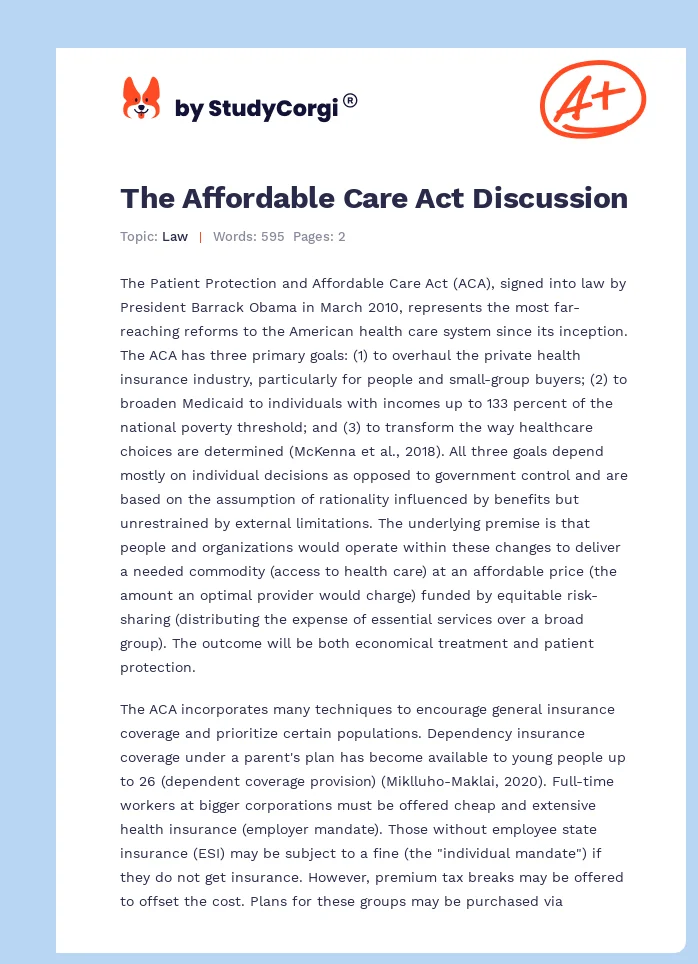 The Affordable Care Act Discussion. Page 1