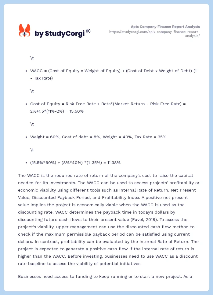 Apix Company Finance Report Analysis. Page 2