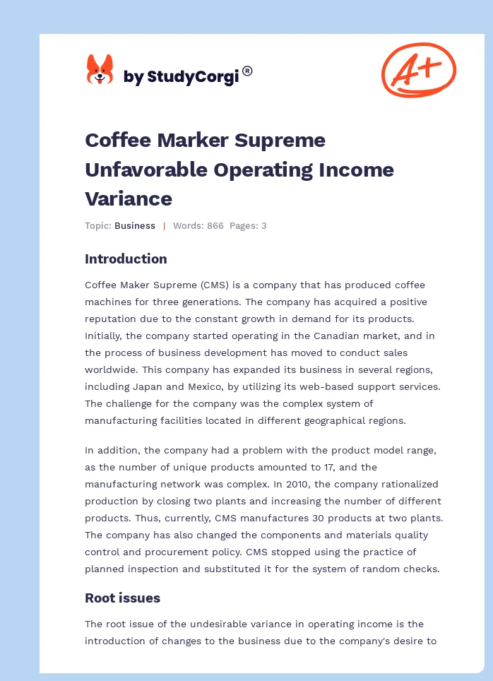 Coffee Marker Supreme Unfavorable Operating Income Variance. Page 1