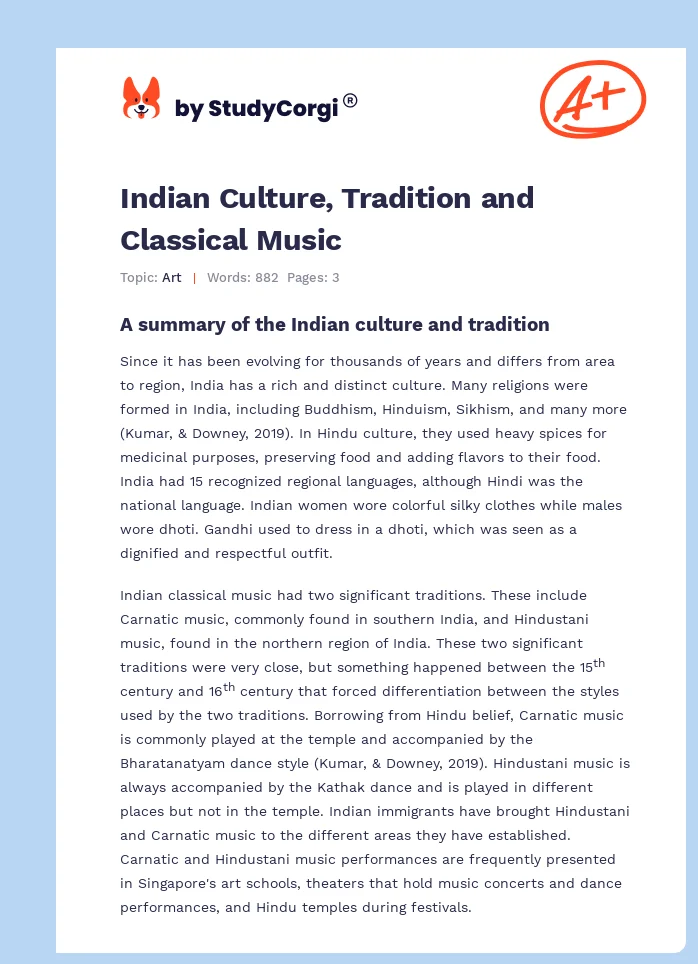 Indian Culture, Tradition and Classical Music. Page 1