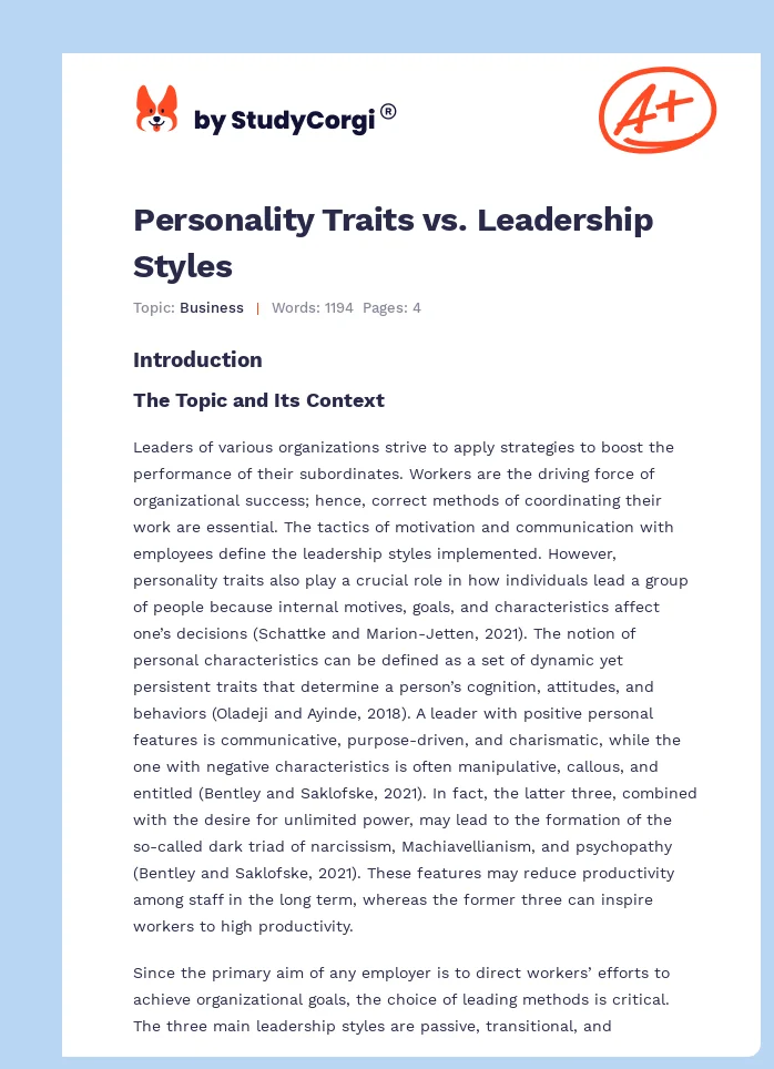 Personality Traits vs. Leadership Styles. Page 1