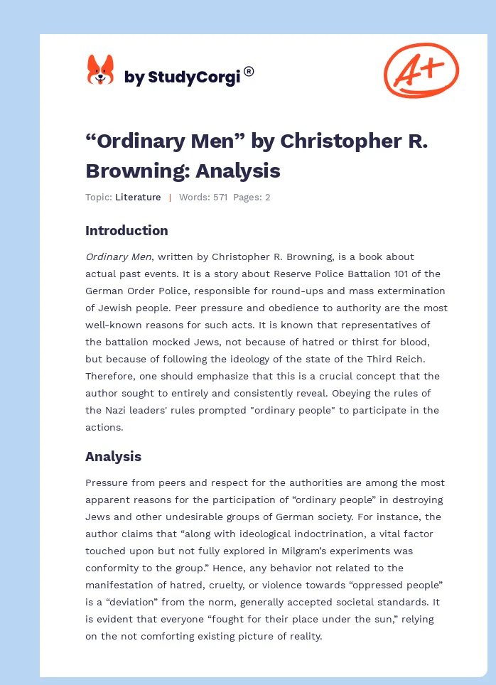 “Ordinary Men” by Christopher R. Browning: Analysis. Page 1