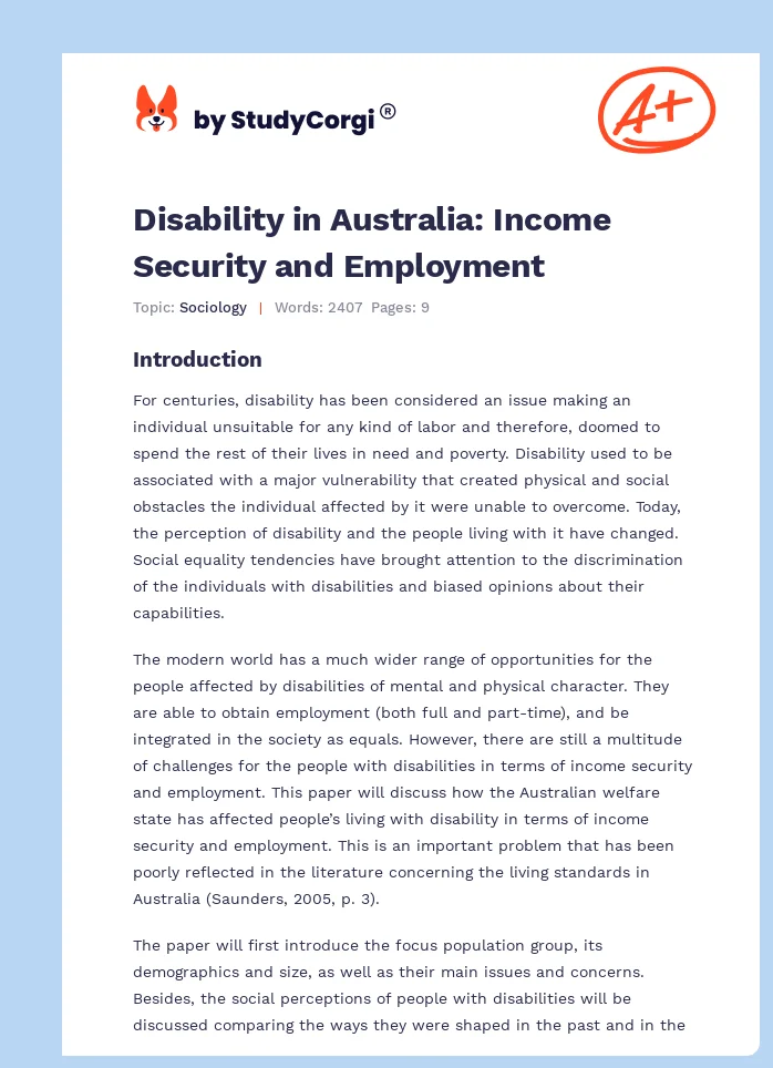 Disability in Australia: Income Security and Employment. Page 1