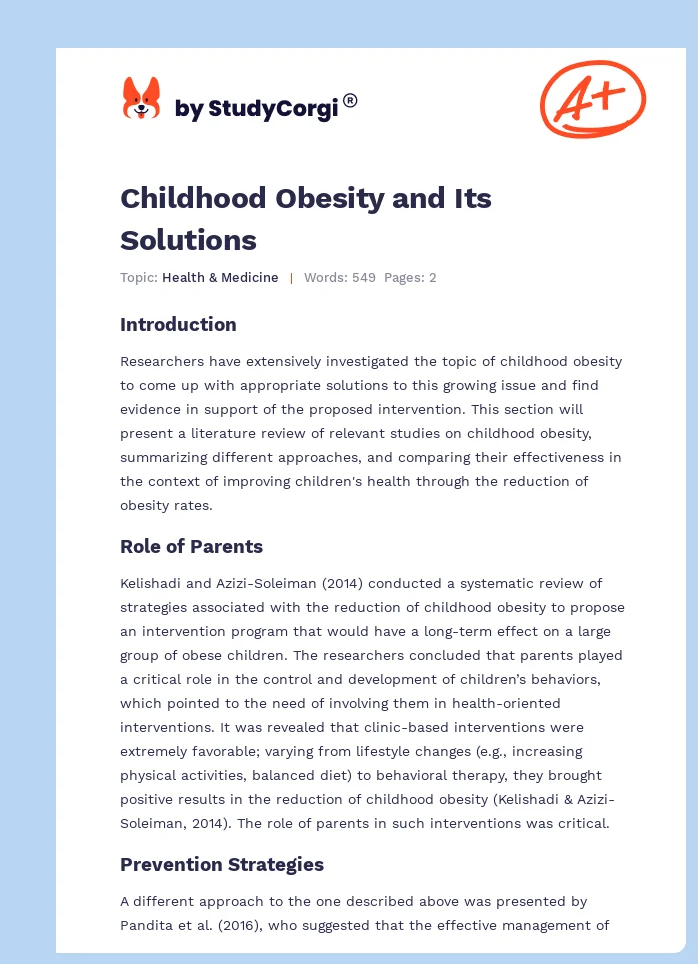 Childhood Obesity and Its Solutions. Page 1