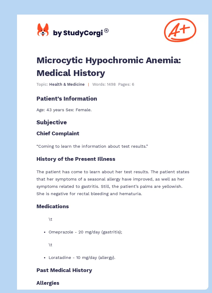 Microcytic Hypochromic Anemia: Medical History. Page 1