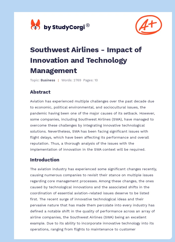 Southwest Airlines - Impact of Innovation and Technology Management. Page 1