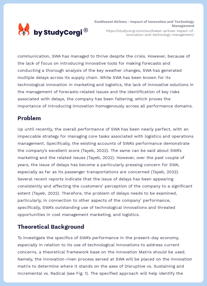 Southwest Airlines - Impact of Innovation and Technology Management. Page 2