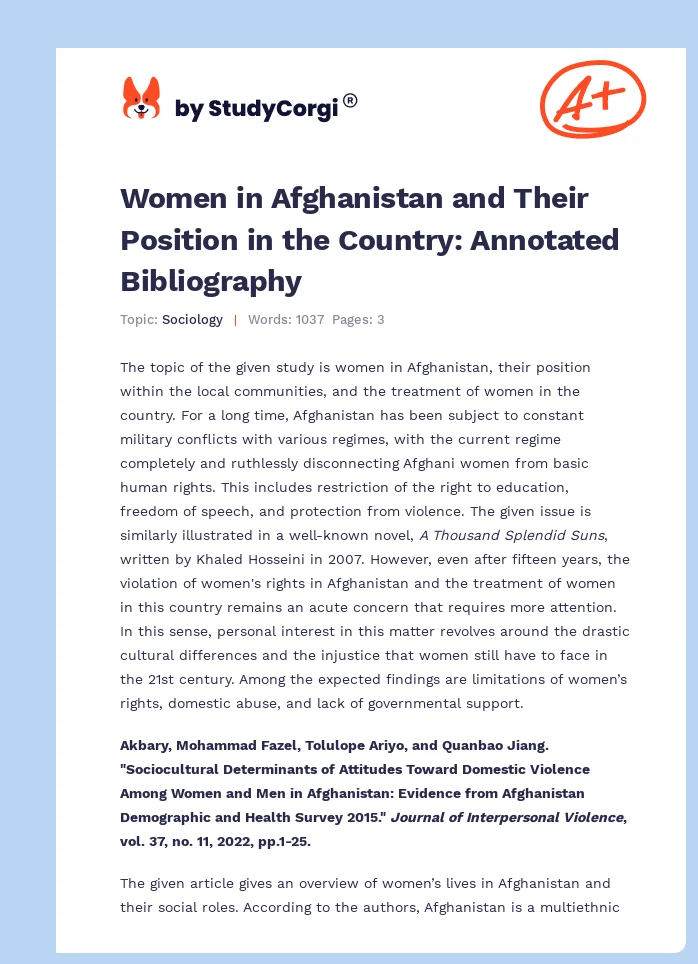 Women in Afghanistan and Their Position in the Country: Annotated Bibliography. Page 1