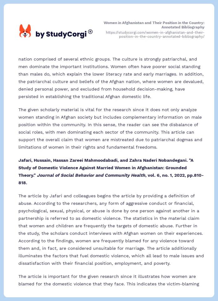 Women in Afghanistan and Their Position in the Country: Annotated Bibliography. Page 2