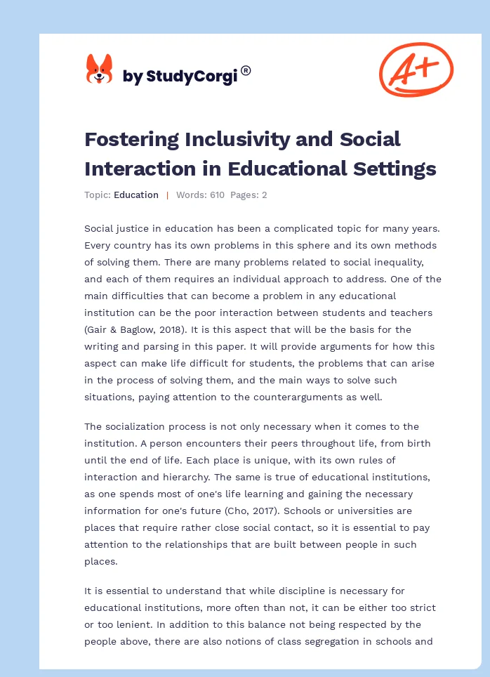 Fostering Inclusivity and Social Interaction in Educational Settings. Page 1