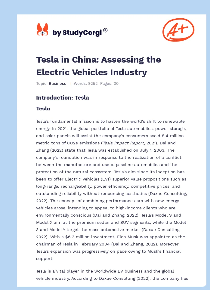 Tesla in China: Assessing the Electric Vehicles Industry. Page 1