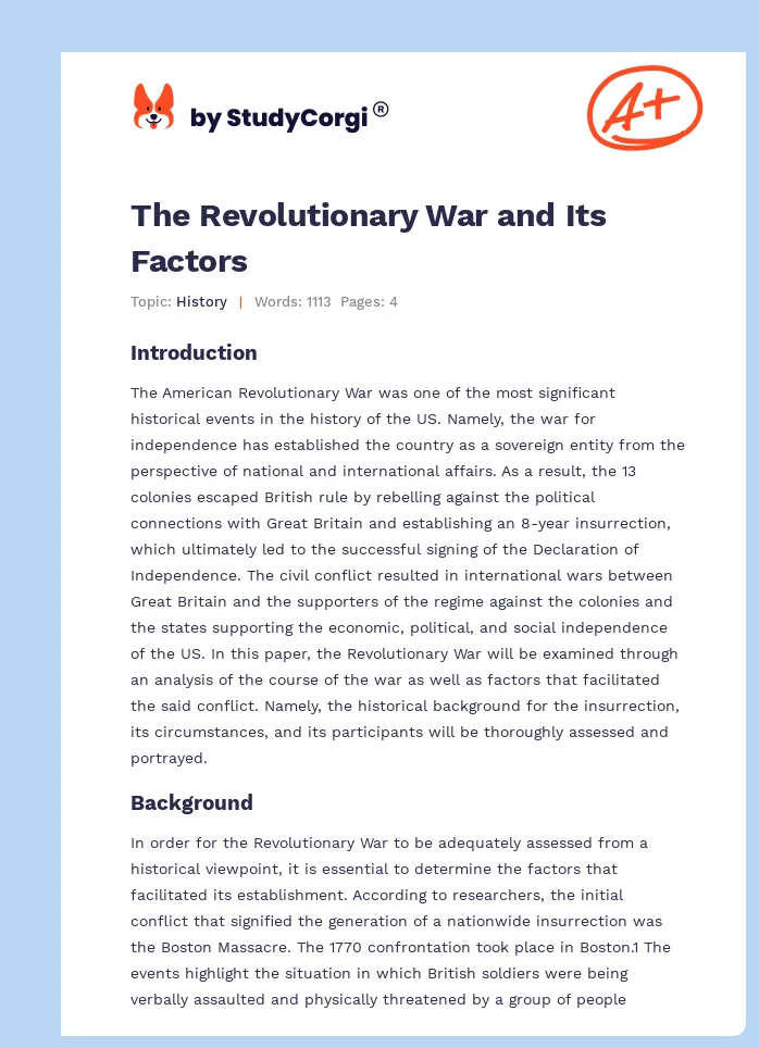 The Revolutionary War and Its Factors. Page 1