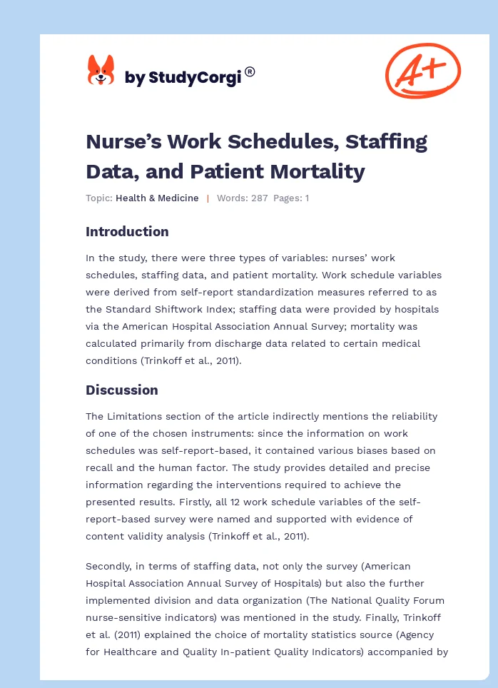 Nurse’s Work Schedules, Staffing Data, and Patient Mortality. Page 1